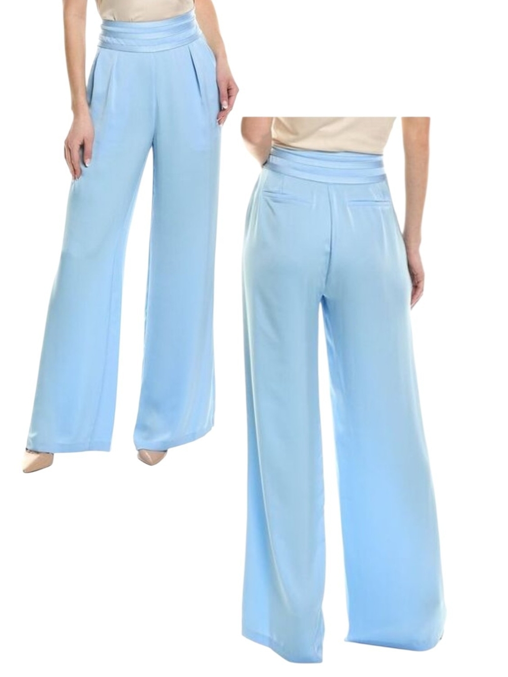 NWT Ramy Brook Joss Wide Leg High Waist Cummerband Misty Blue Silky Pants Size 6